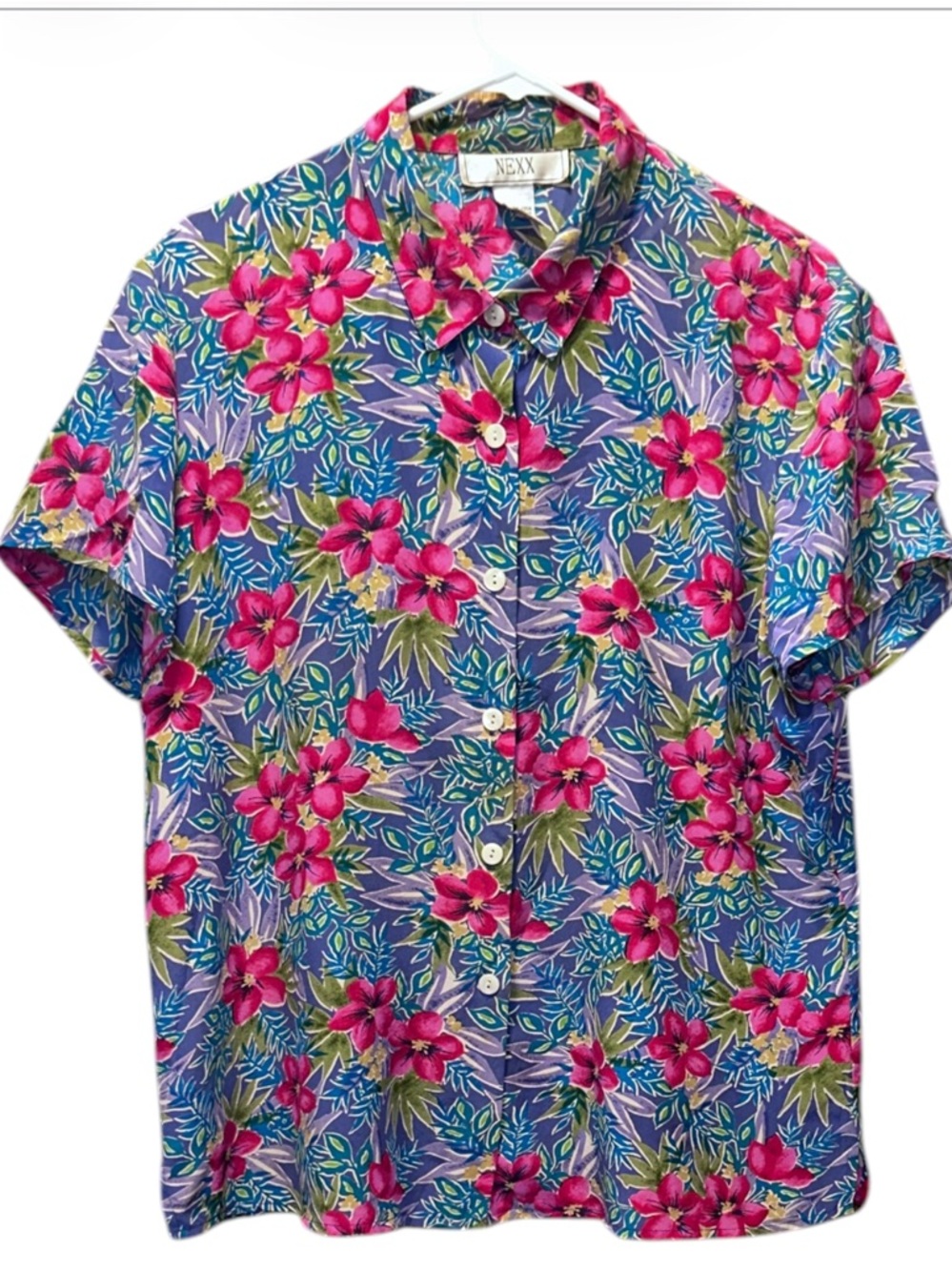 Nexx 100% Silk Purple Floral Camp Collar Shirt with Pink Blooms